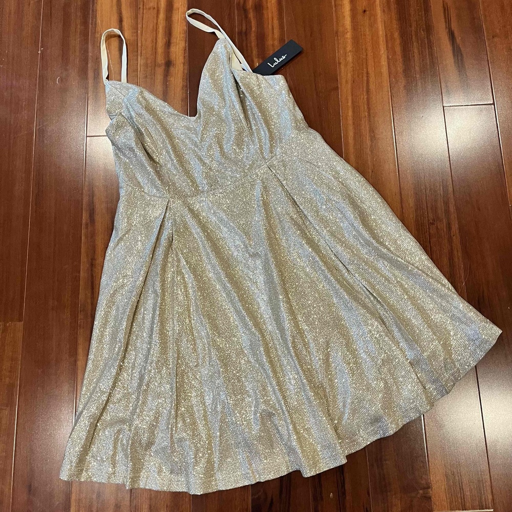 New Lulus Lookout Sparkly Gold Skater‎ Dress Mini Metallic HOCO Party Glam Sz M